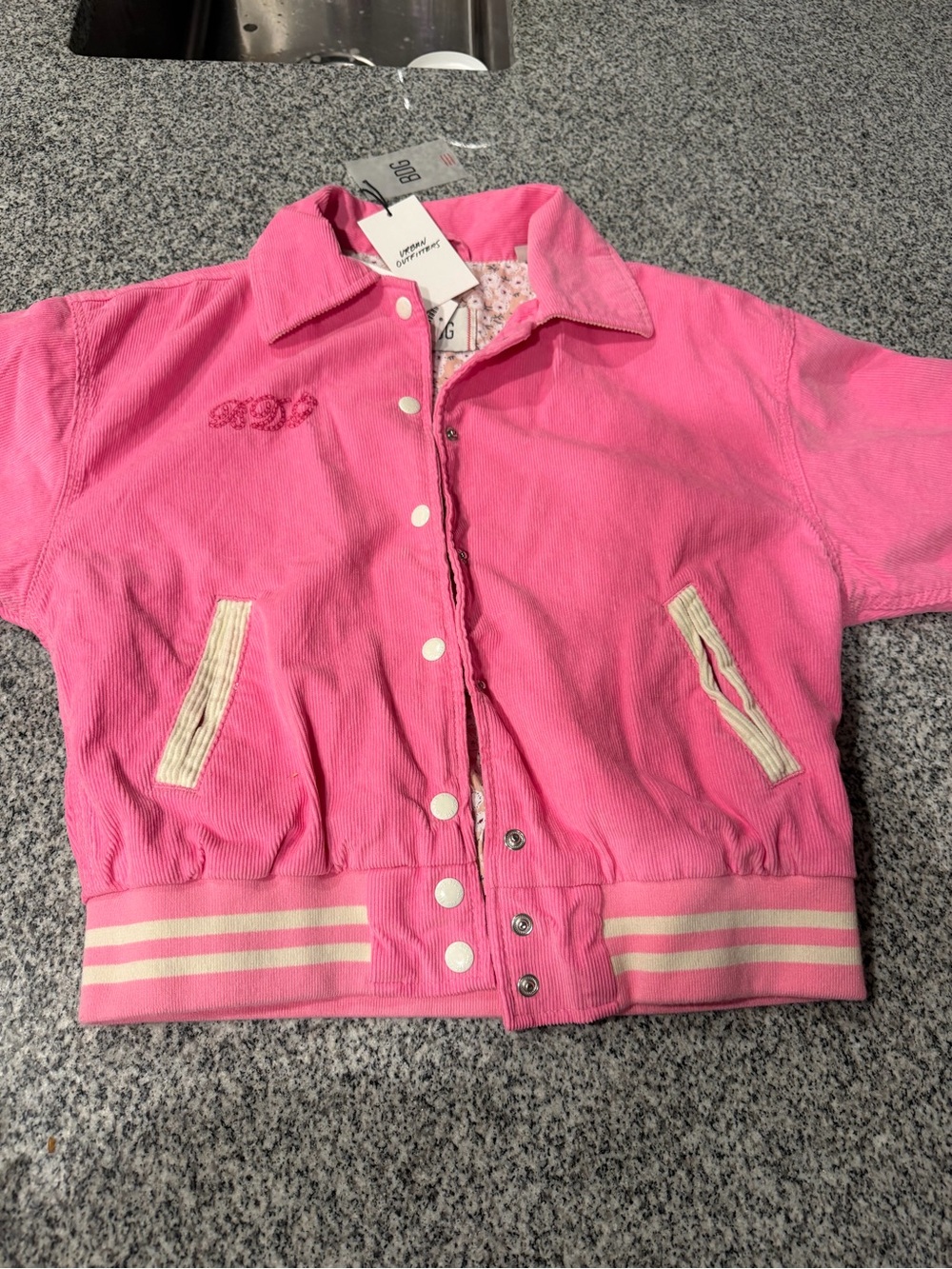 BDG Pink Corduroy Varsity Jacket with Cream Trim